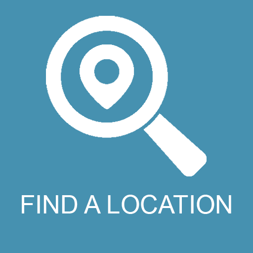 White search icon with a location pin on a blue background, labeled “FIND A LOCATION”