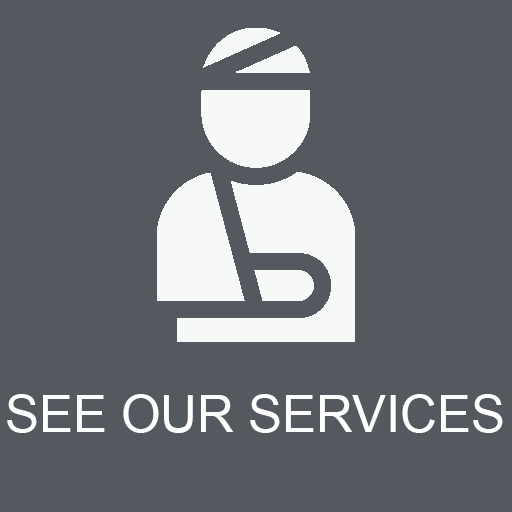 White injured person icon with arm in sling and text “SEE OUR SERVICES” on gray background