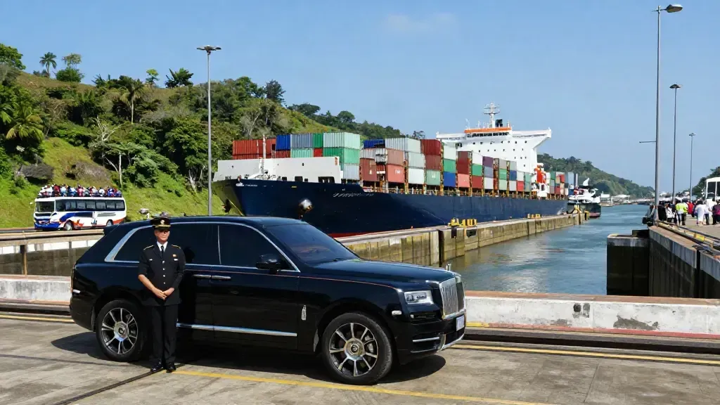 Black SUV beside a canal lock with a cargo ship and colorful containers in the background