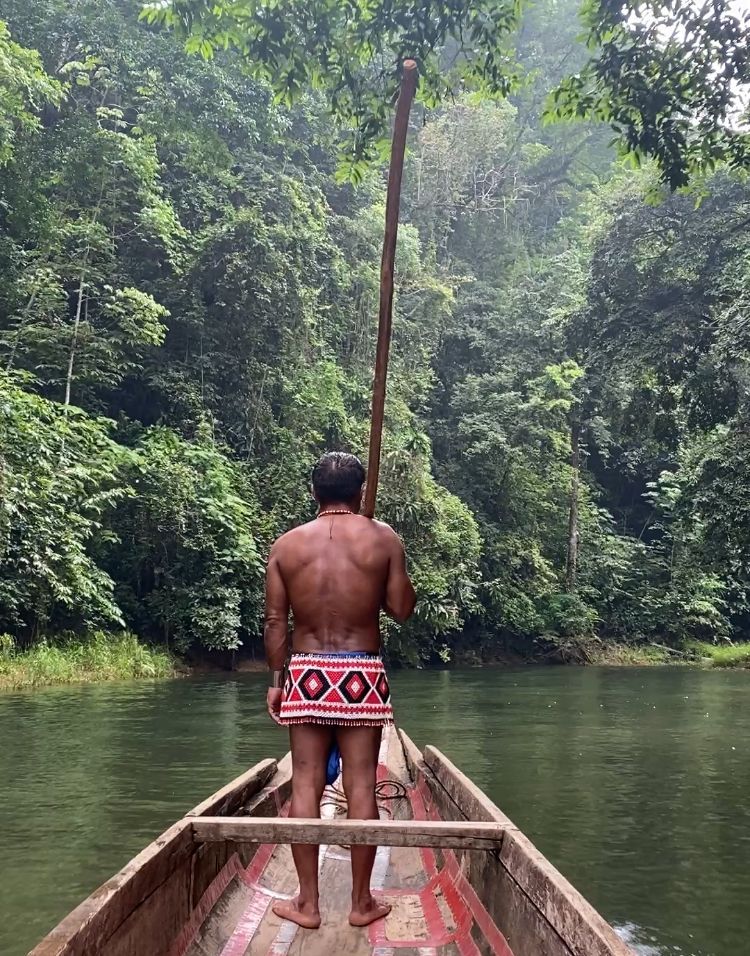 Man in a boat, paddling with a pole on a river. Dense green forest surrounds.