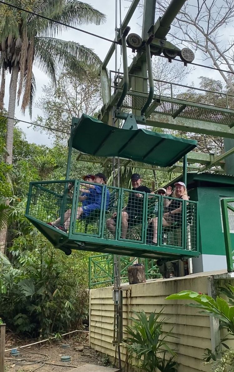 A cable car carrying people through a lush, green jungle. The car is green.
