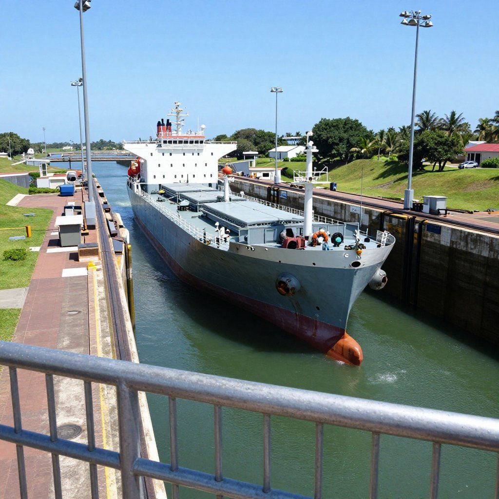 Large cargo ship passing through a panama canal lock with green water and concrete walls under a clear blue sky