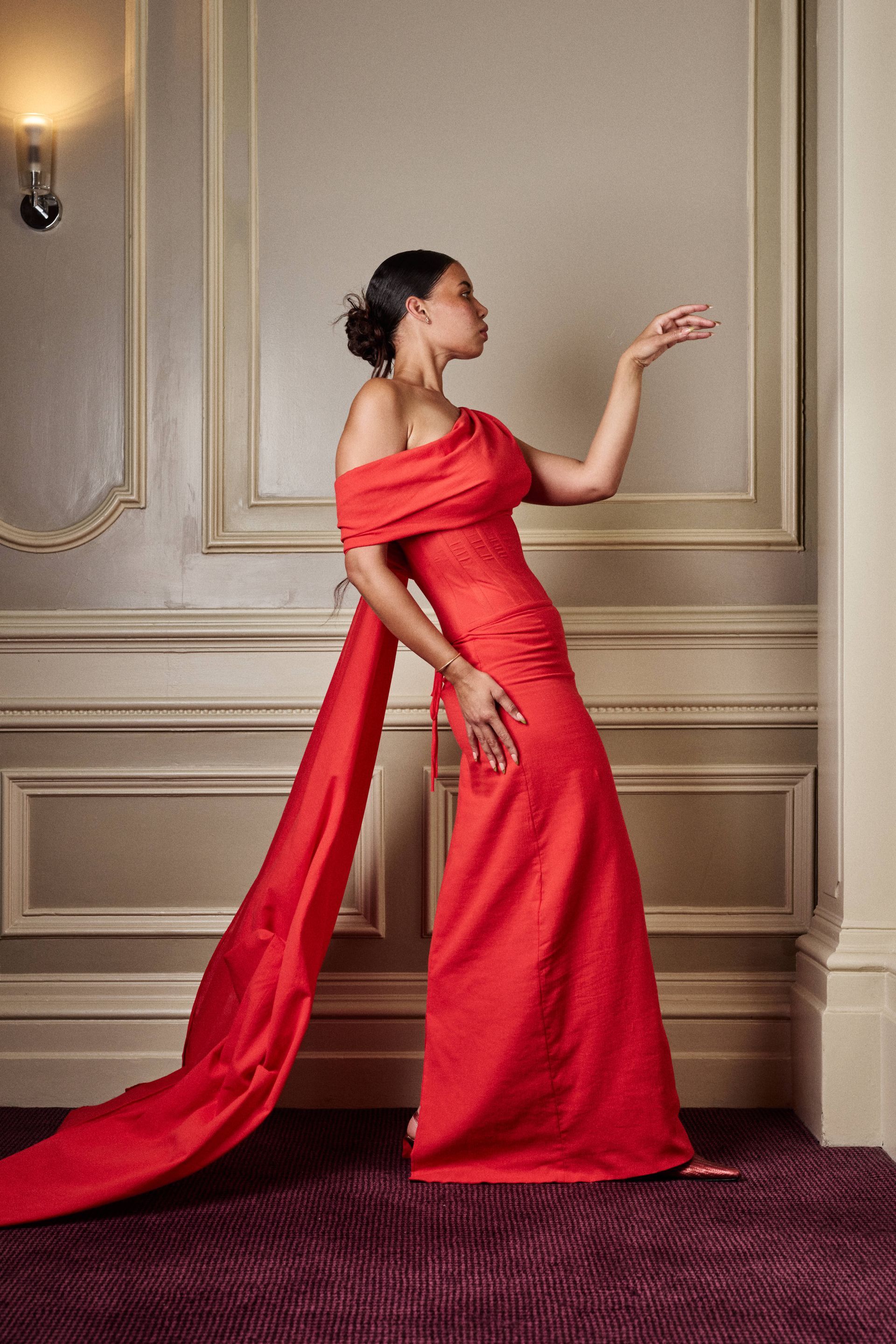 Red full-length skirt