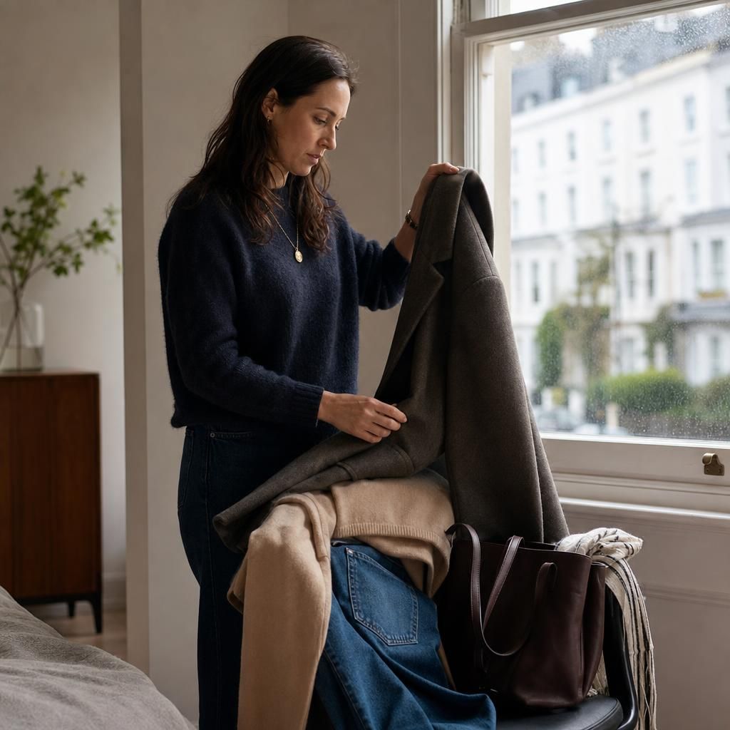 Woman choosing versatile clothes in a London flat window light