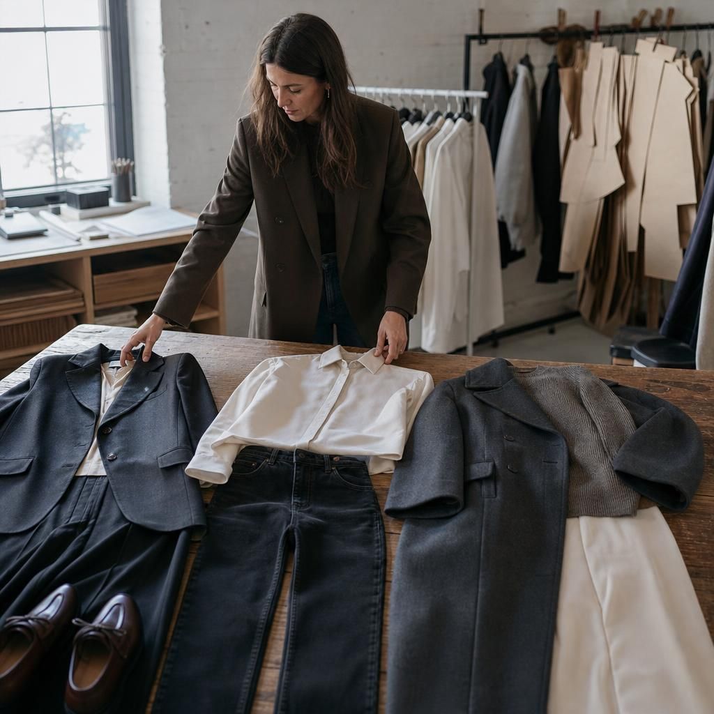 Three styled outfits on a studio worktable