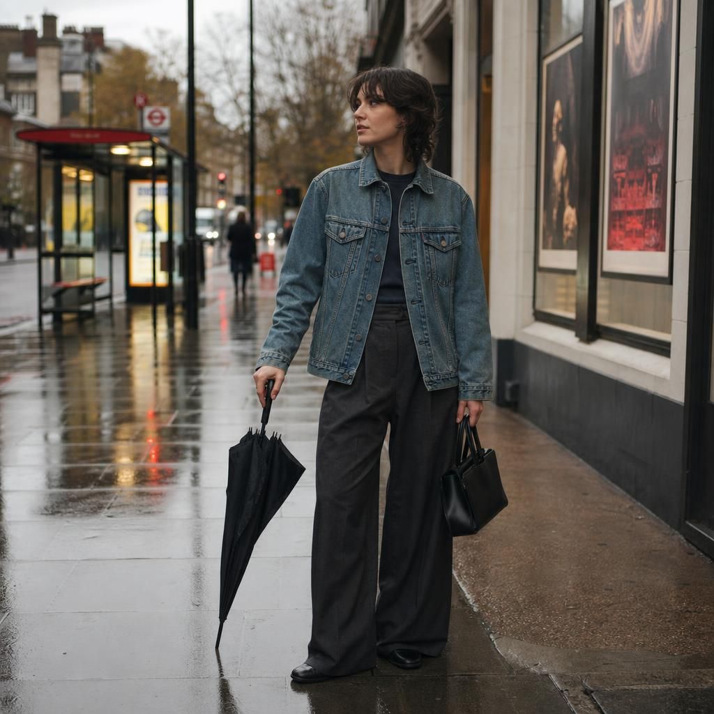 Person in denim jacket and tailored trousers in London