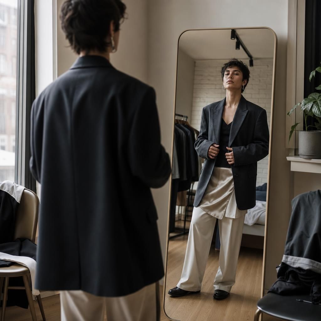 Nonbinary model styling oversized blazer with layered clothing