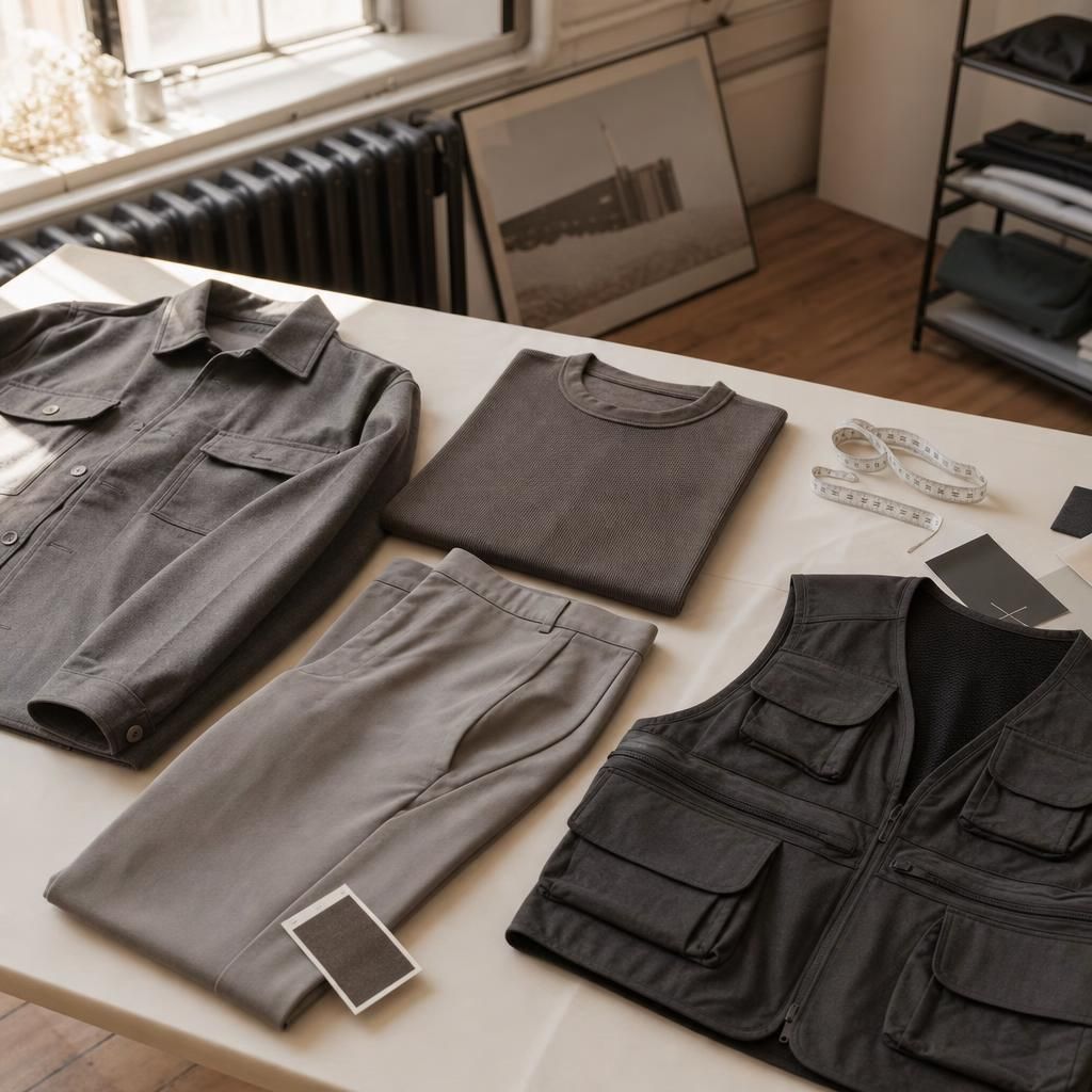 neutral clothing laid out on a studio worktable