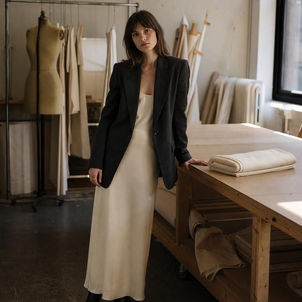 Model wearing tailored jacket over flowing neutral dress