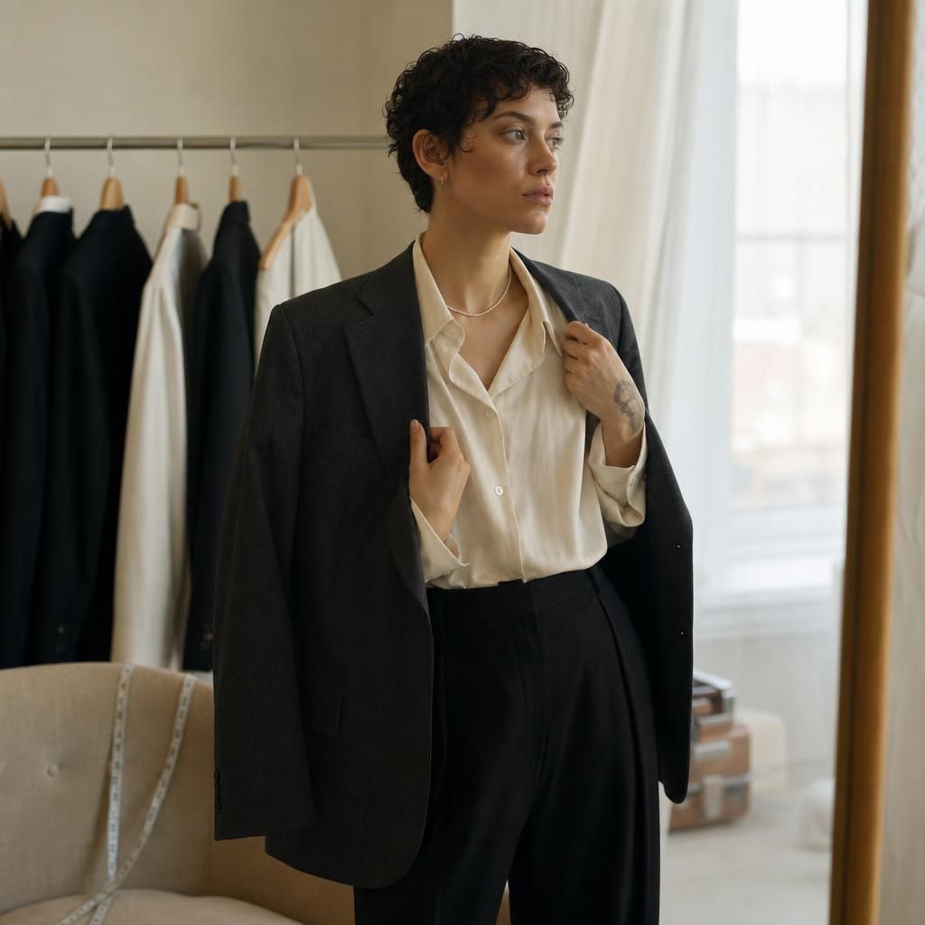Gender-fluid model trying on formalwear in boutique interior.