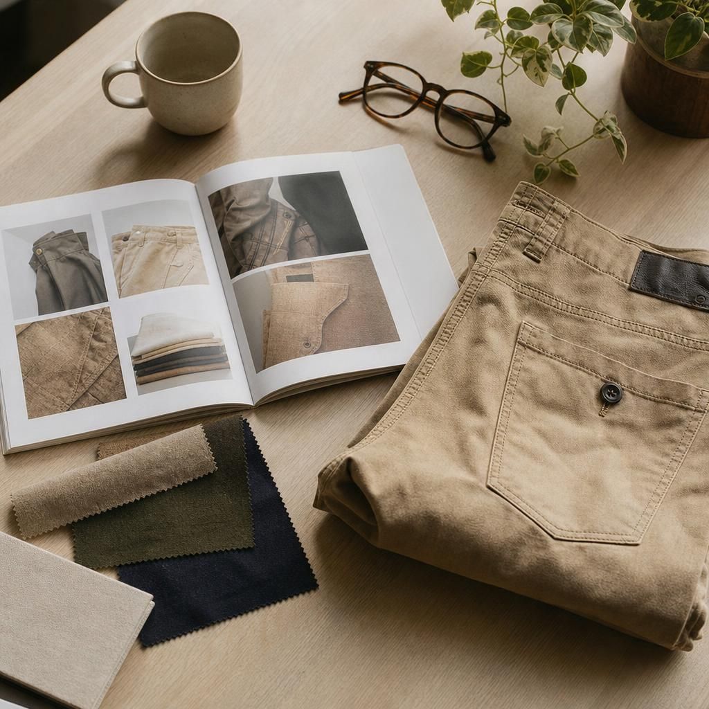 FAQ guide, fabric swatches, and folded unisex trousers