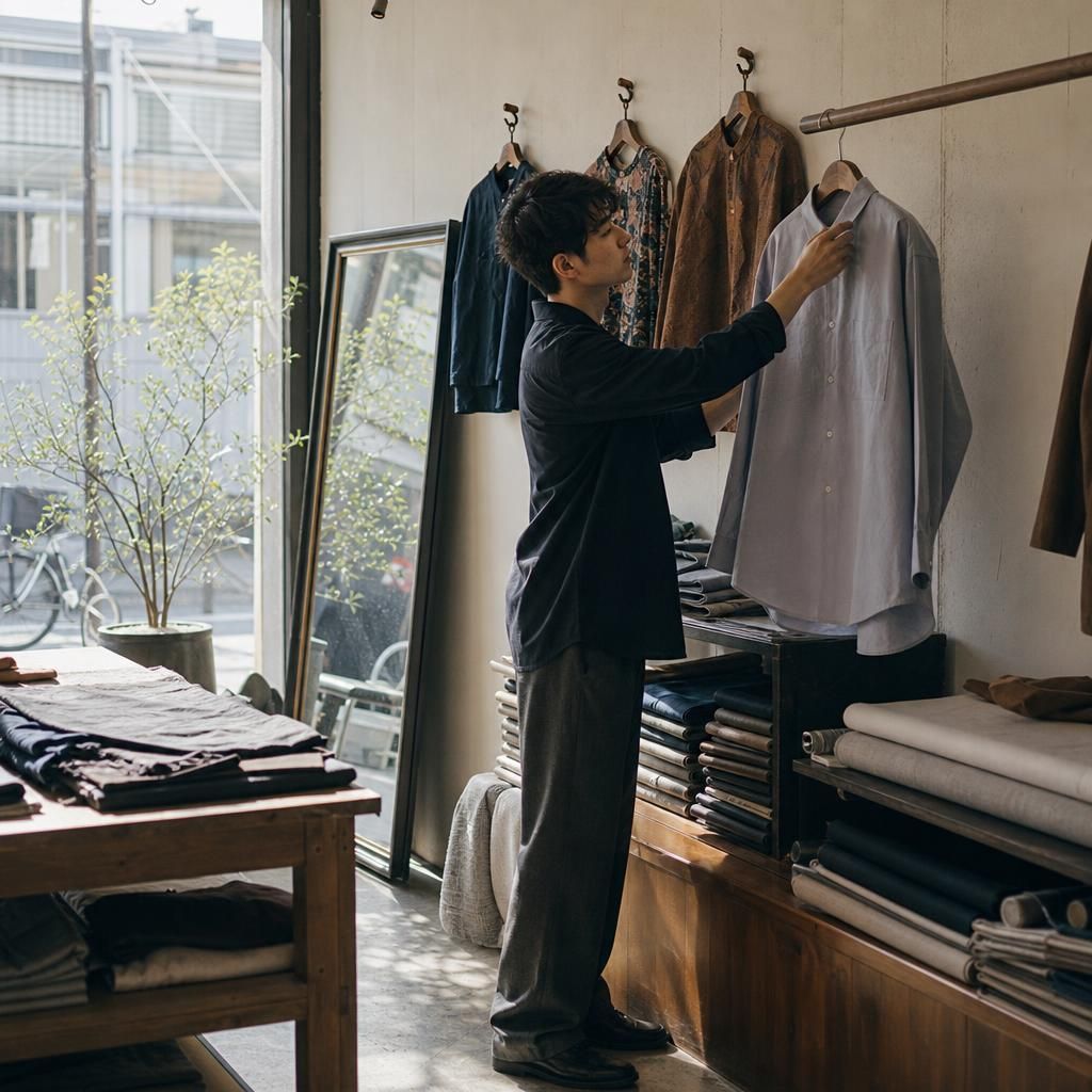 Tailor arranging unisex clothes in a boutique studio