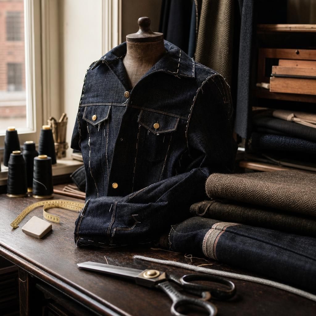 Deadstock denim jacket on tailor’s worktable