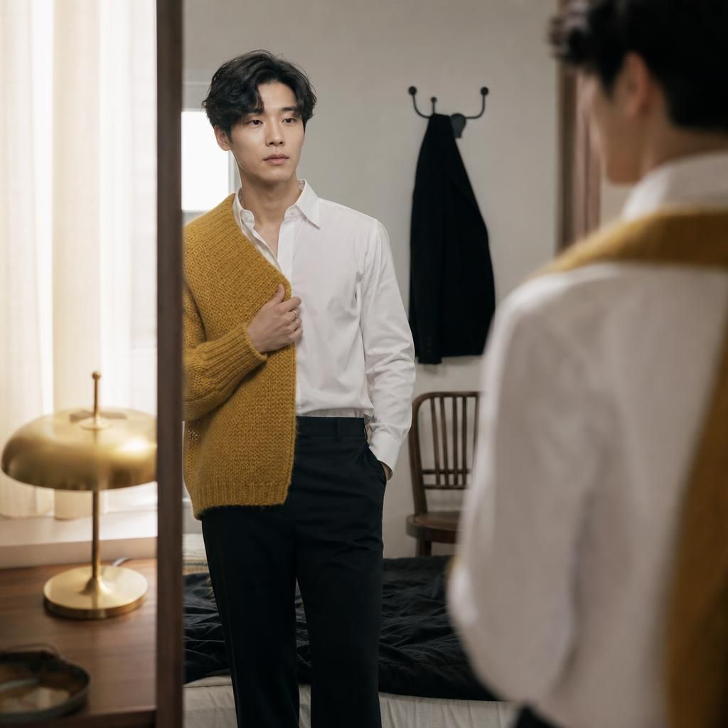 Person mixing tailored and relaxed clothing before mirror