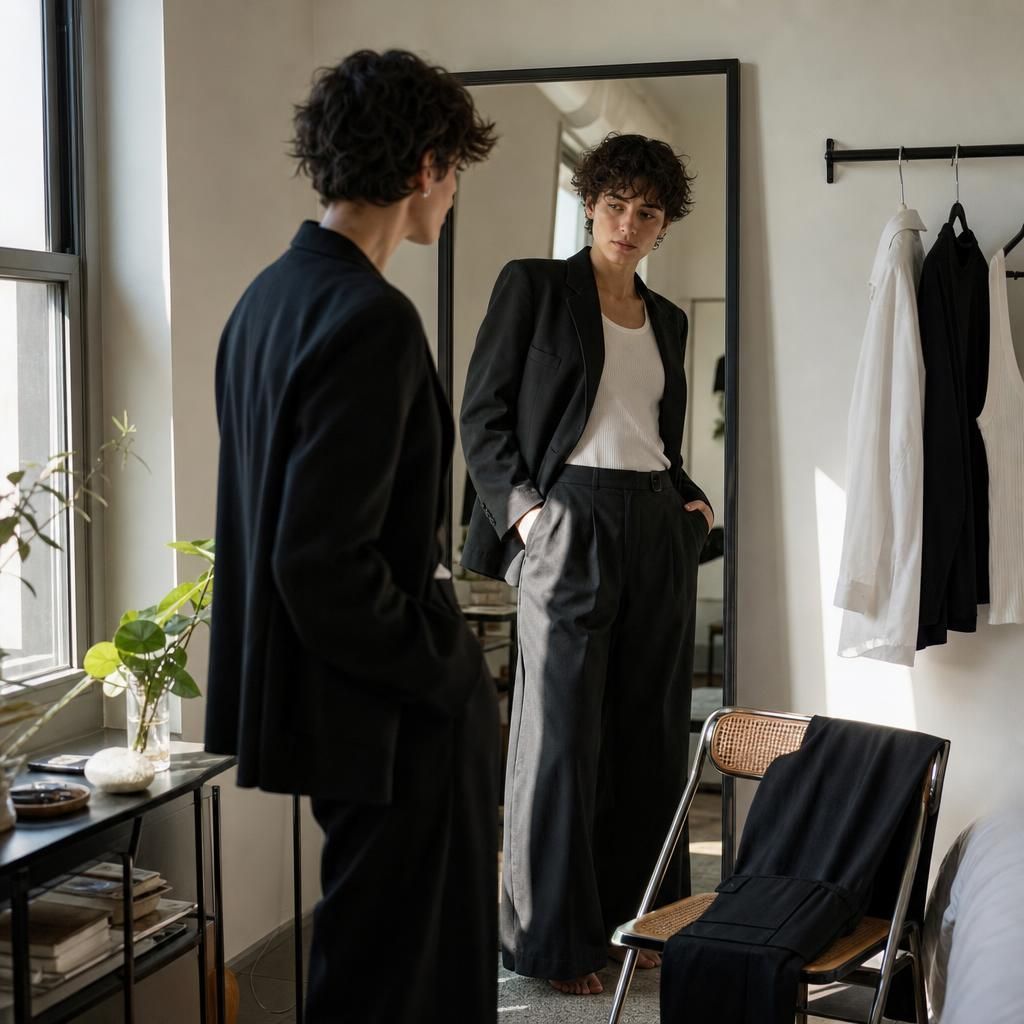 Person evaluating silhouette in a mirror with layered clothes