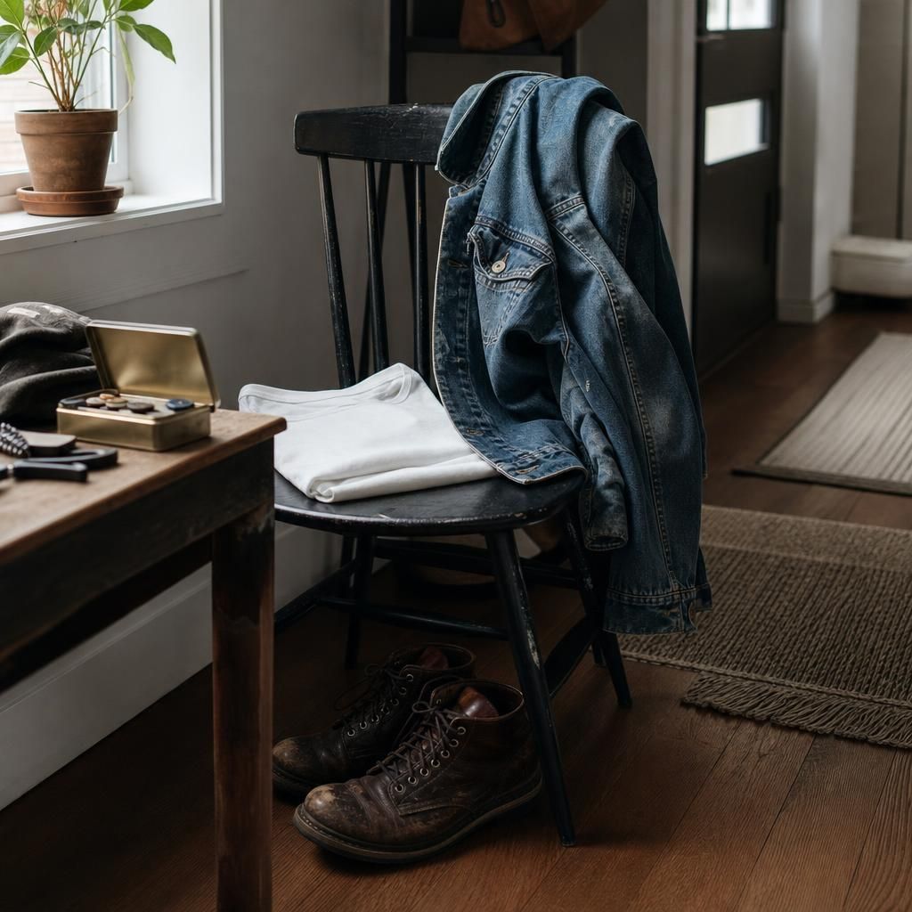 Worn denim jacket on chair with repair kit