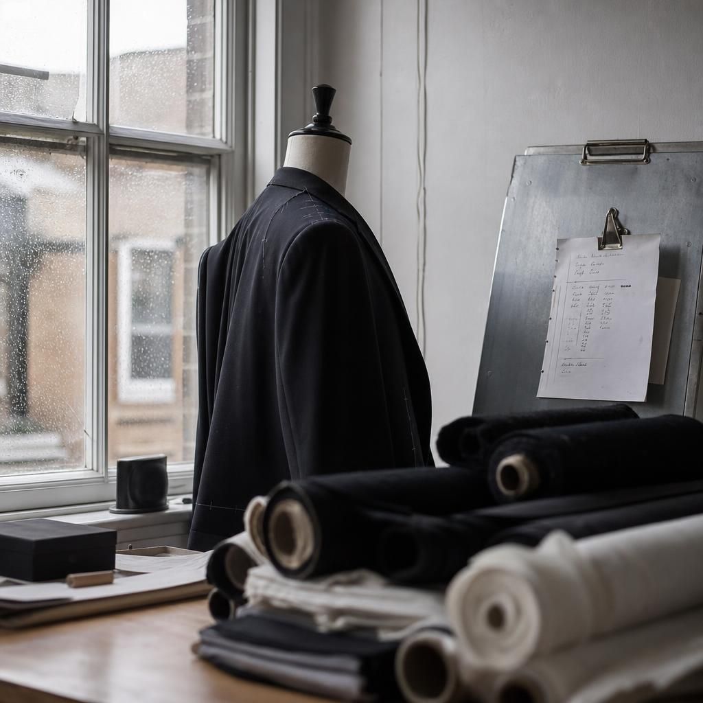 Tailored jacket and fabric rolls in London studio