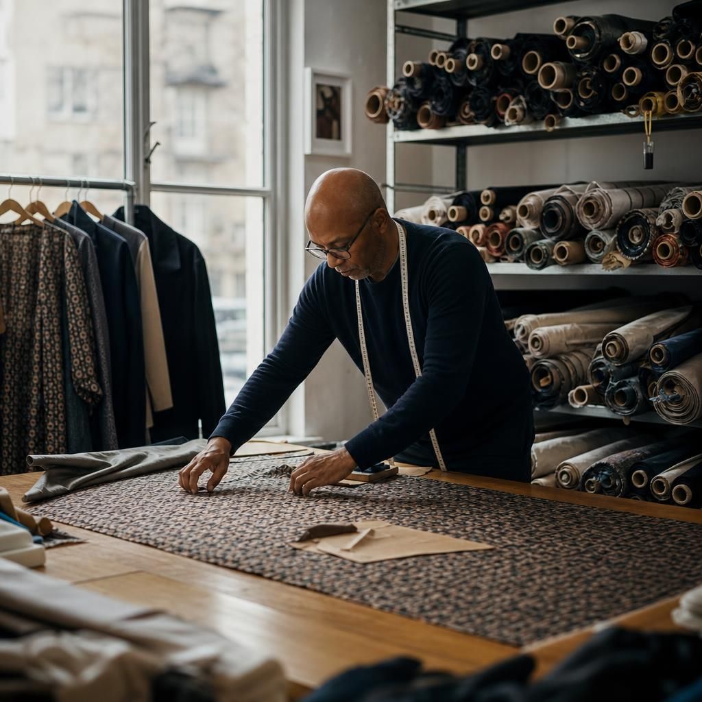 Designer cutting fabric in a small London workshop
