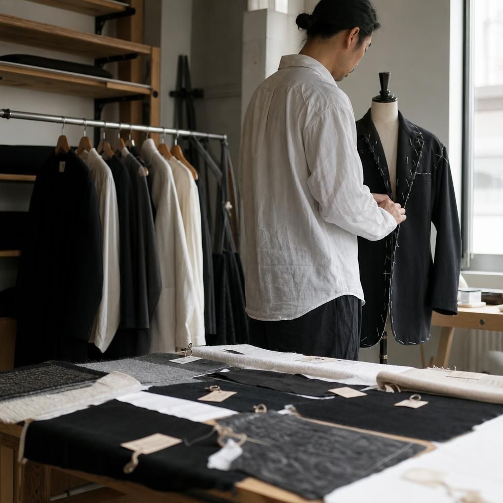 Designer studio with labeled deadstock fabric swatches