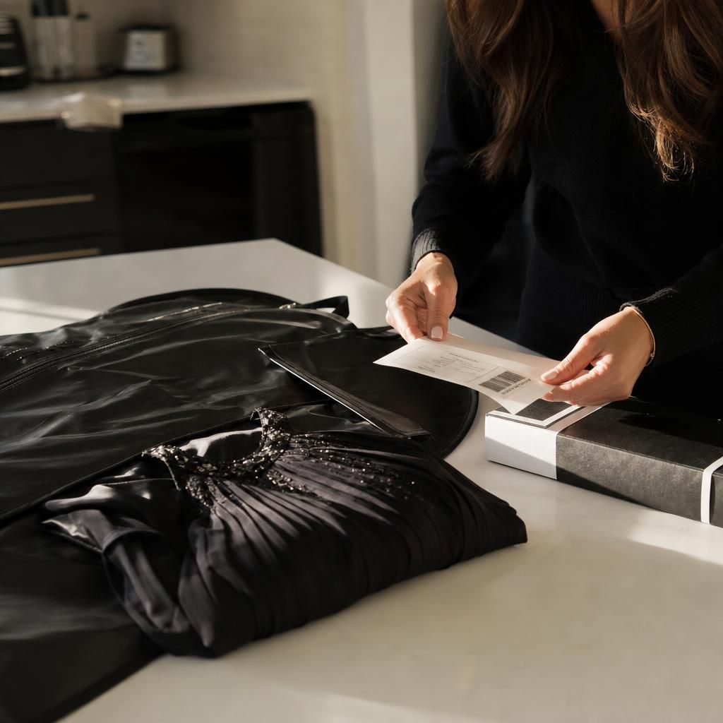 Black dress rental package with return label