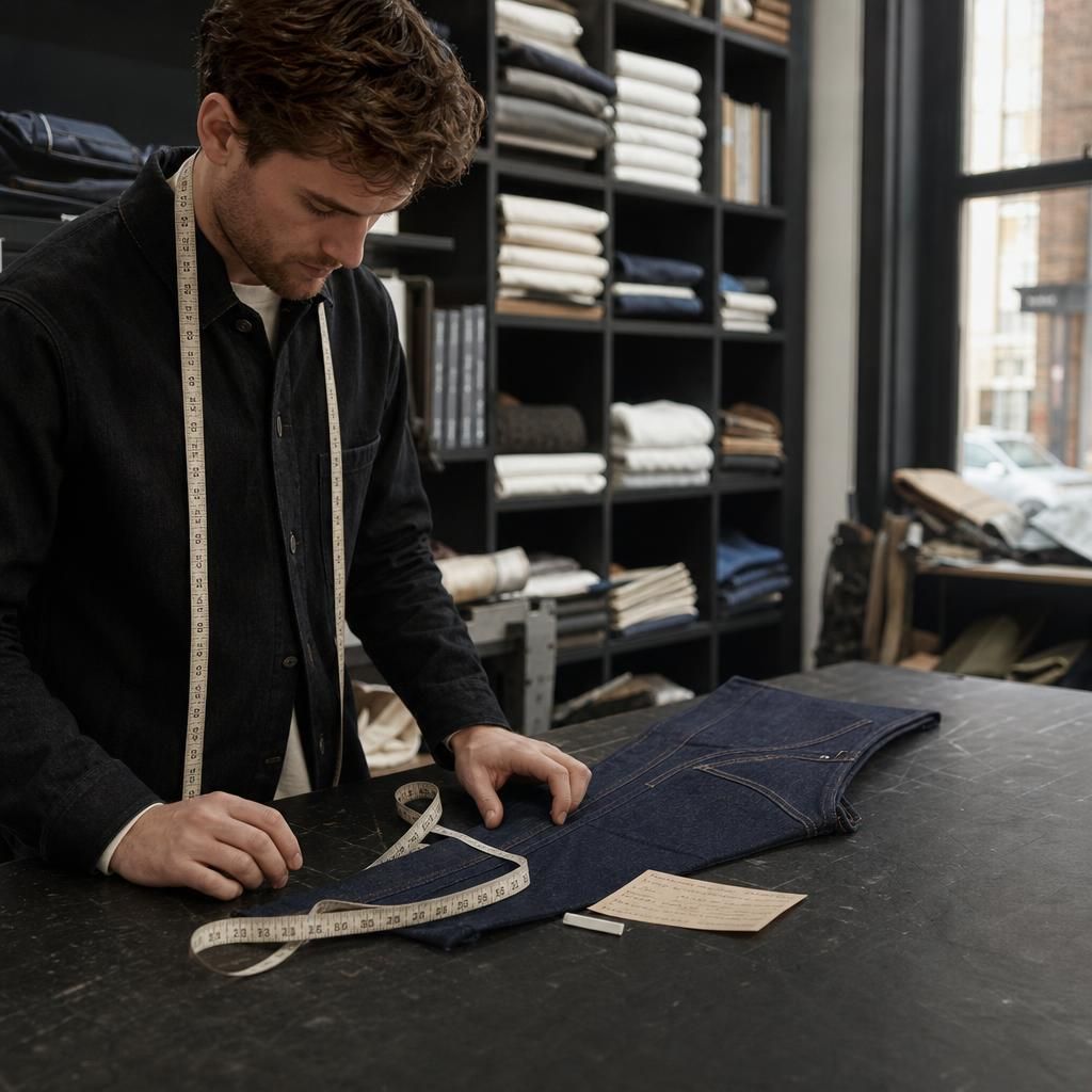 Denim jeans with measuring tape on tailor's table