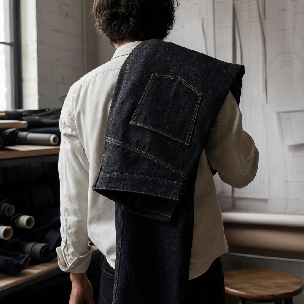 Person holding deadstock denim jeans in a cutting room