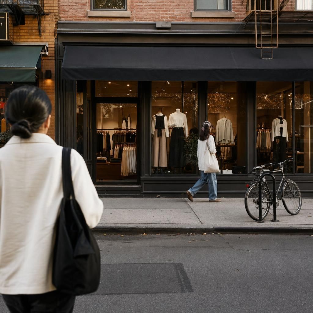 Street view of clothing shop with black awning