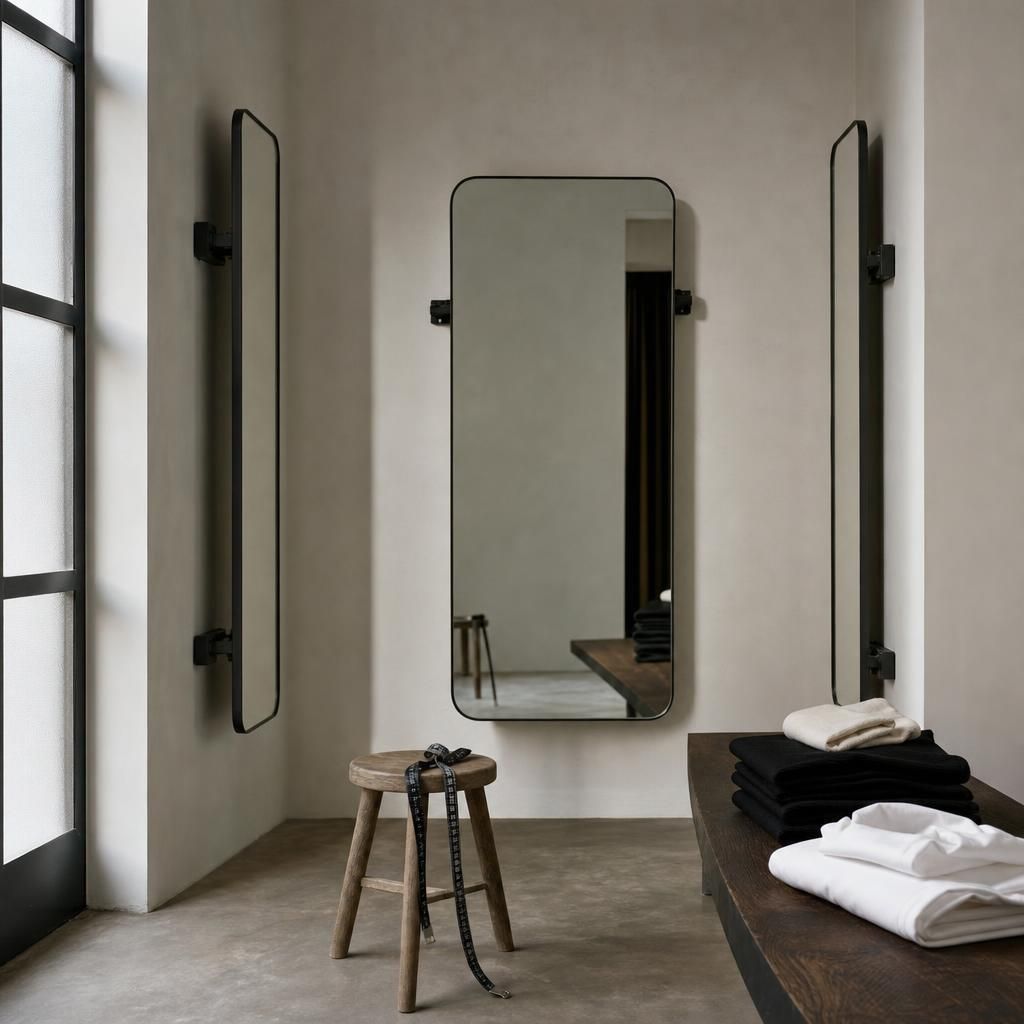 Empty boutique fitting room with mirrors and measuring tape