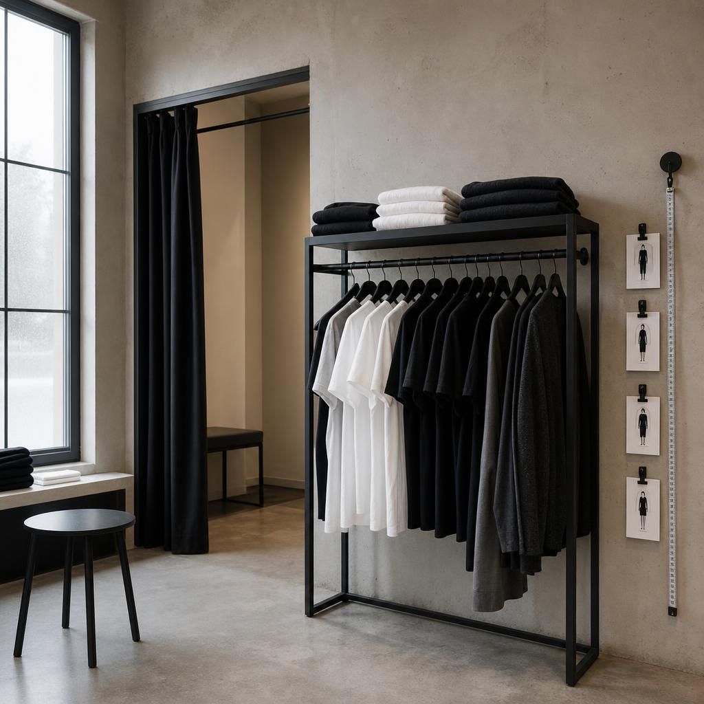 Empty fitting room with size cards and folded clothes