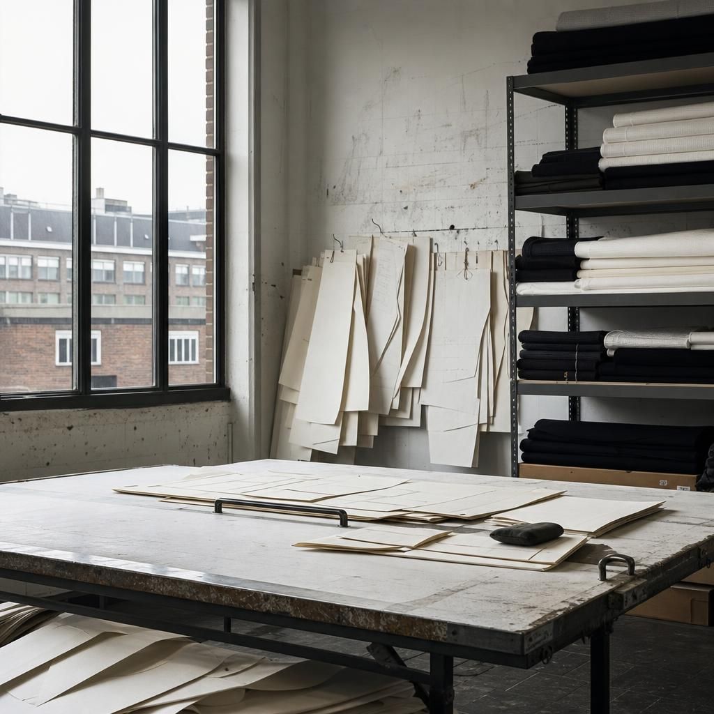 Empty London garment workshop with fabric rolls and cutting table