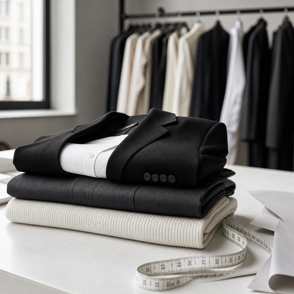 Folded neutral wardrobe staples on a tailoring table