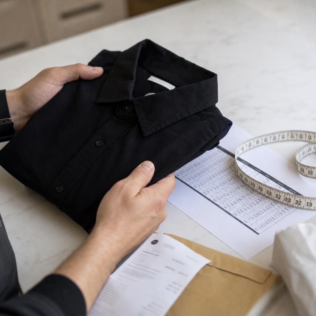 Hands comparing shirt size chart and tape measure in daylight