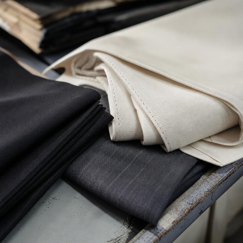 Folded deadstock fabric swatches on a cutting table.