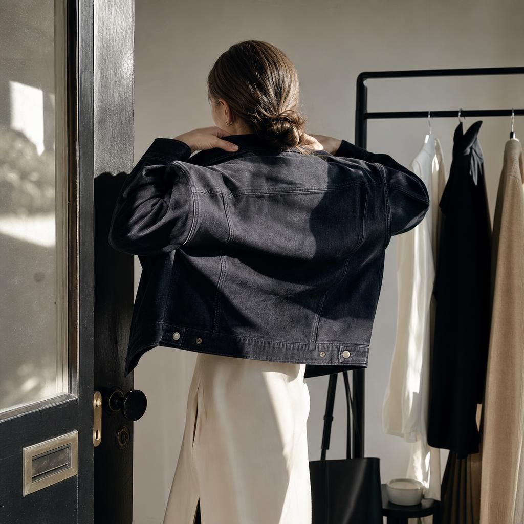 Person adjusting a sustainable denim jacket over a dress