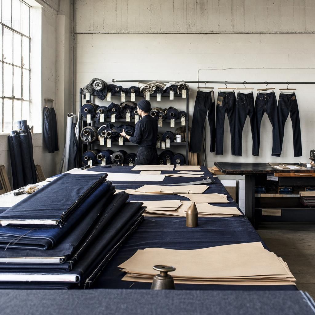 Wide denim workshop with bolts of fabric and hanging jeans