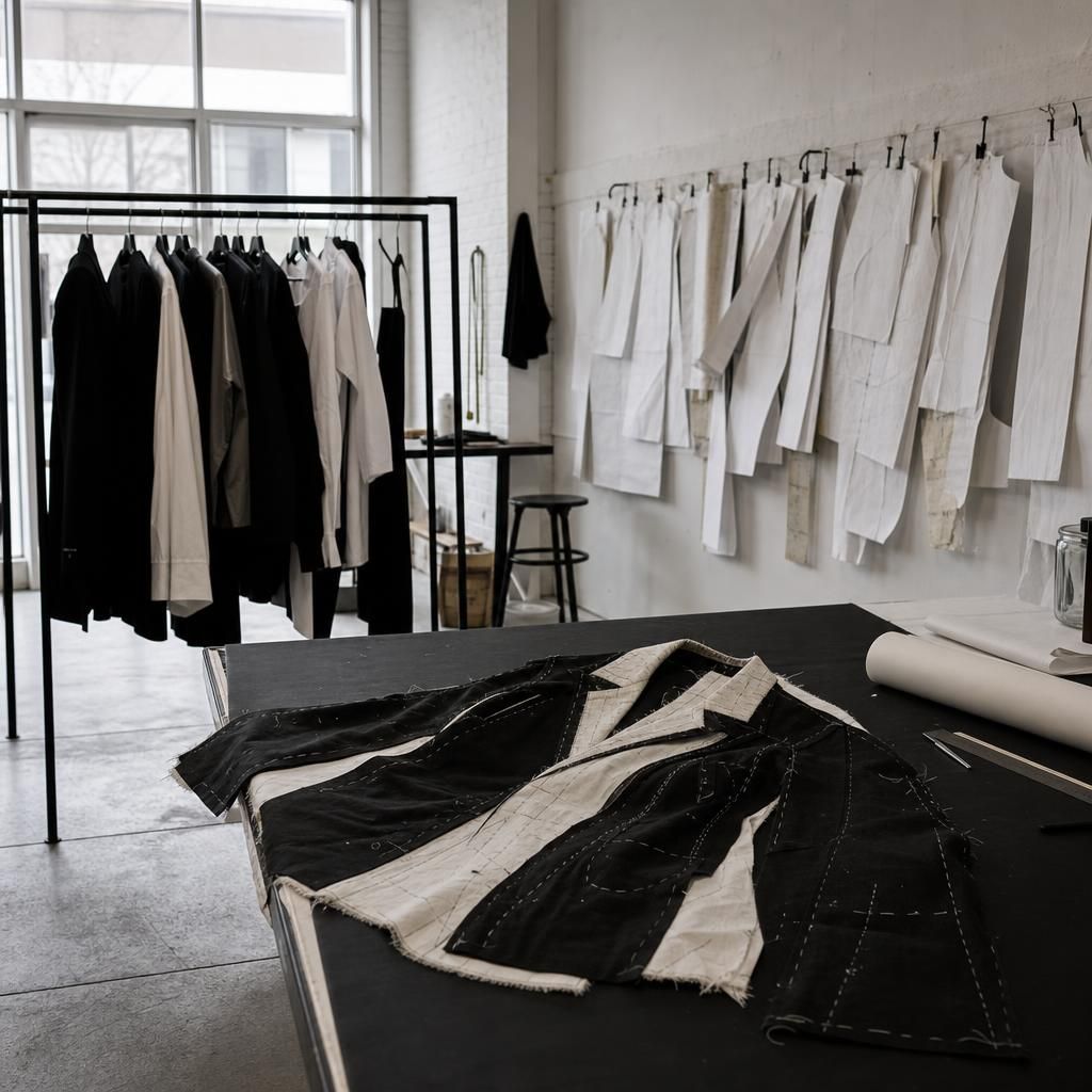 Empty fashion workshop with patterns, racks, and jacket