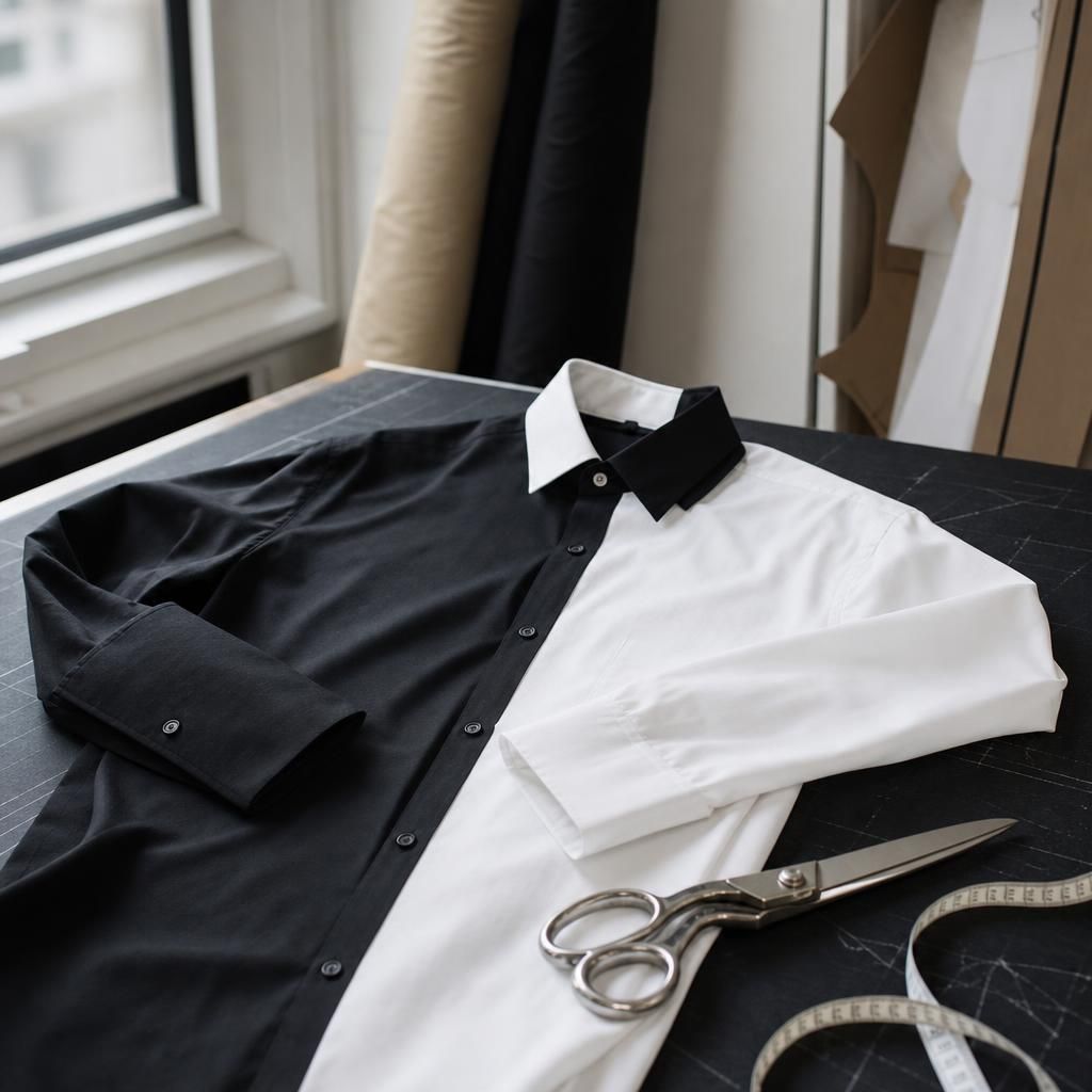 Unisex shirt on tailor’s worktable with measuring tape