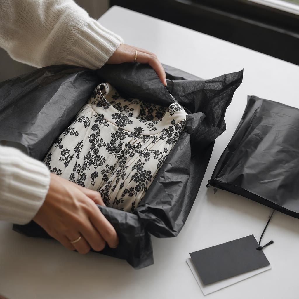 Hands unpacking a designer dress with return mailer