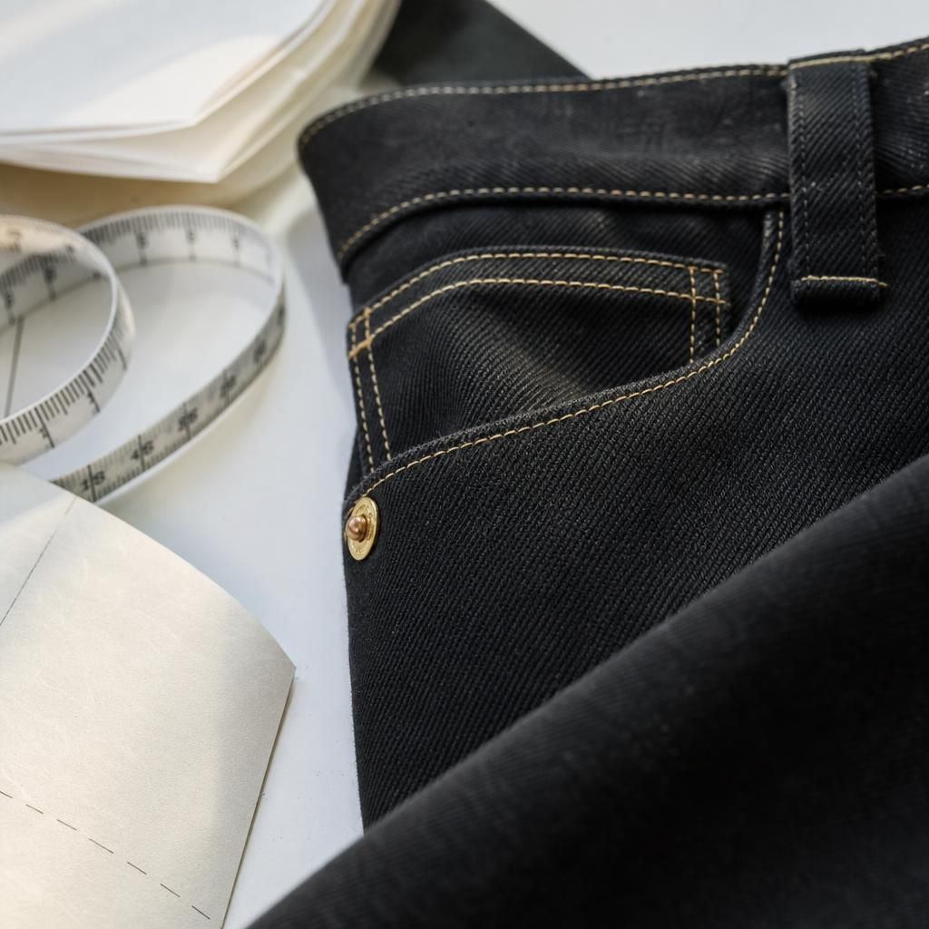 Black denim fabric texture with stitching and rivet