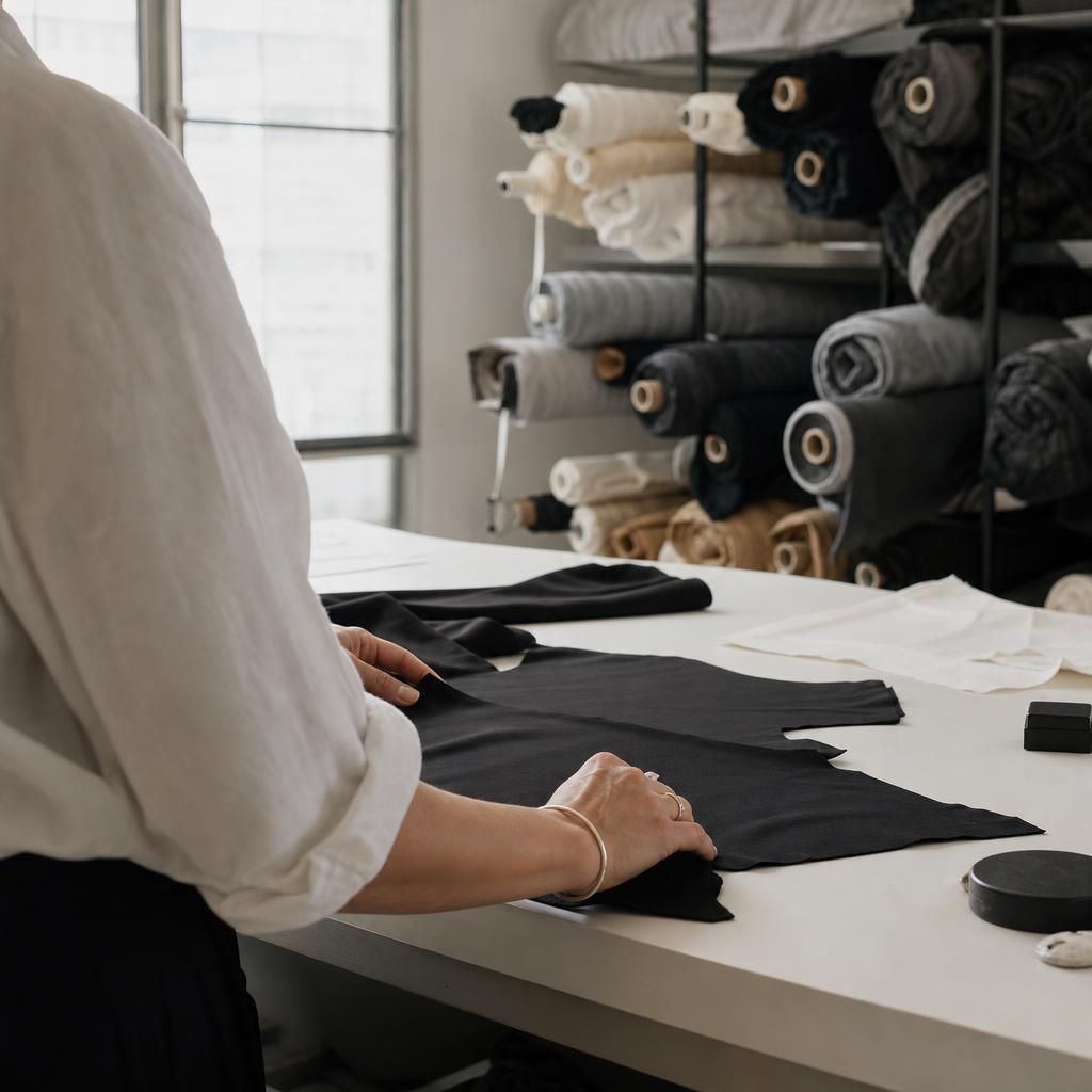 Hands cutting black fabric in a small clothing studio