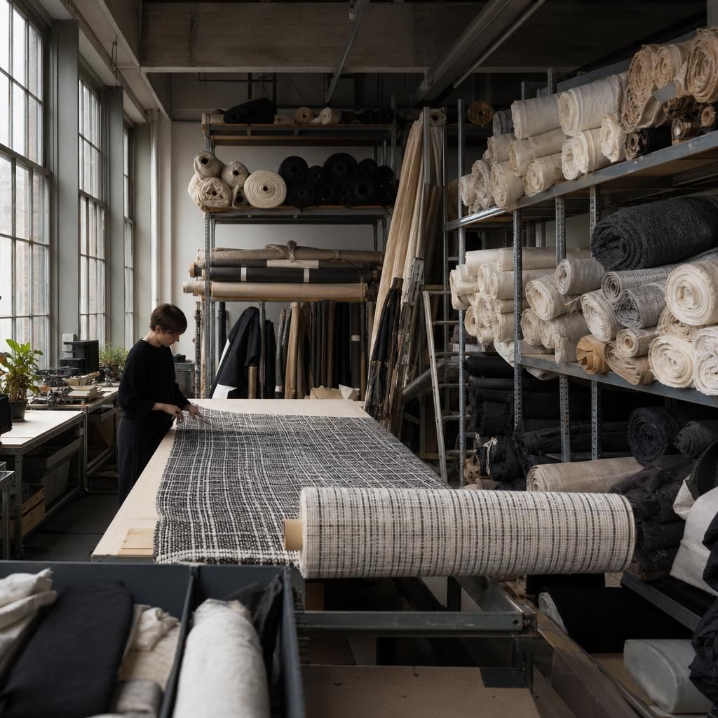 Deadstock fabrics stacked in a textile archive workshop