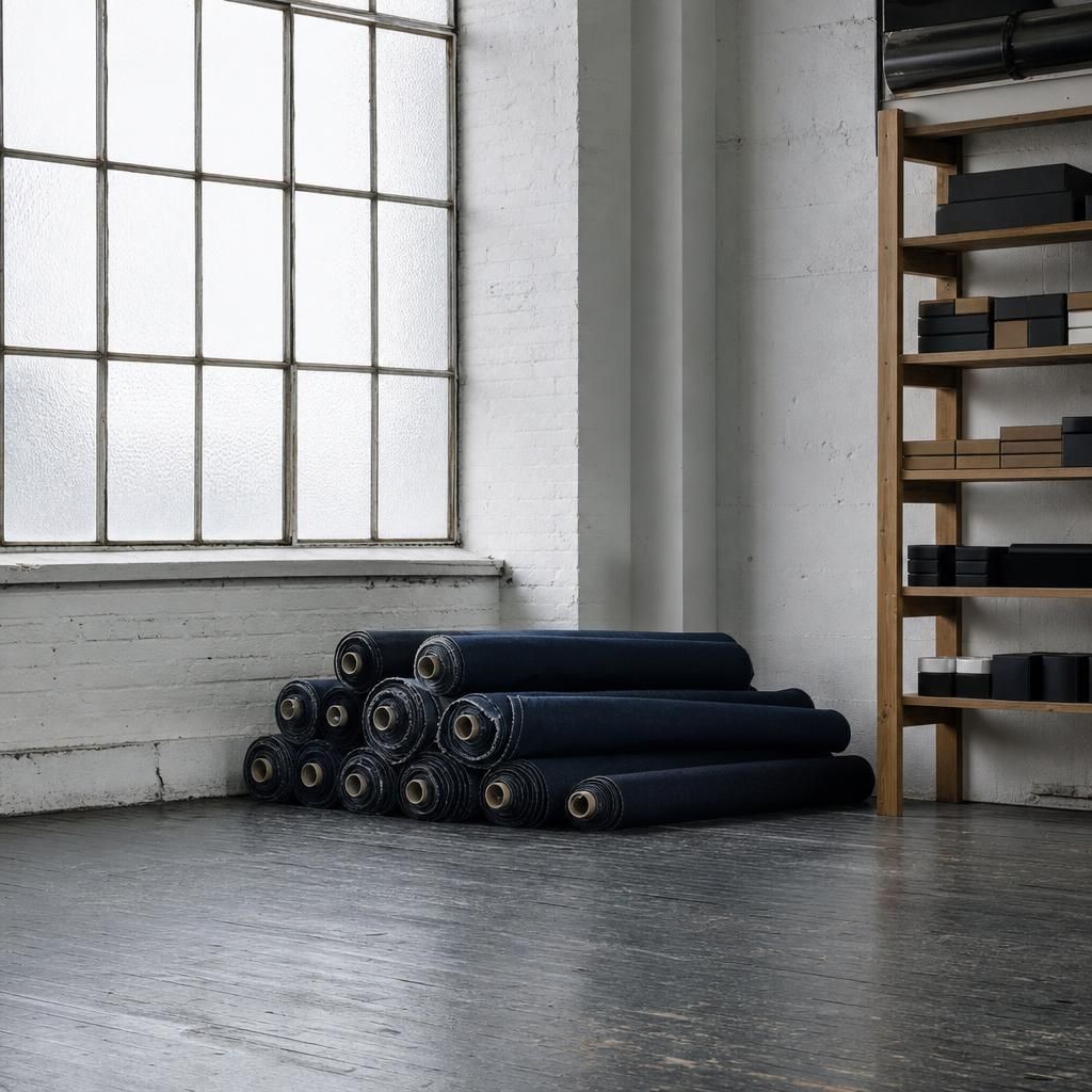 Empty denim studio with stacked fabric rolls and shelves in London