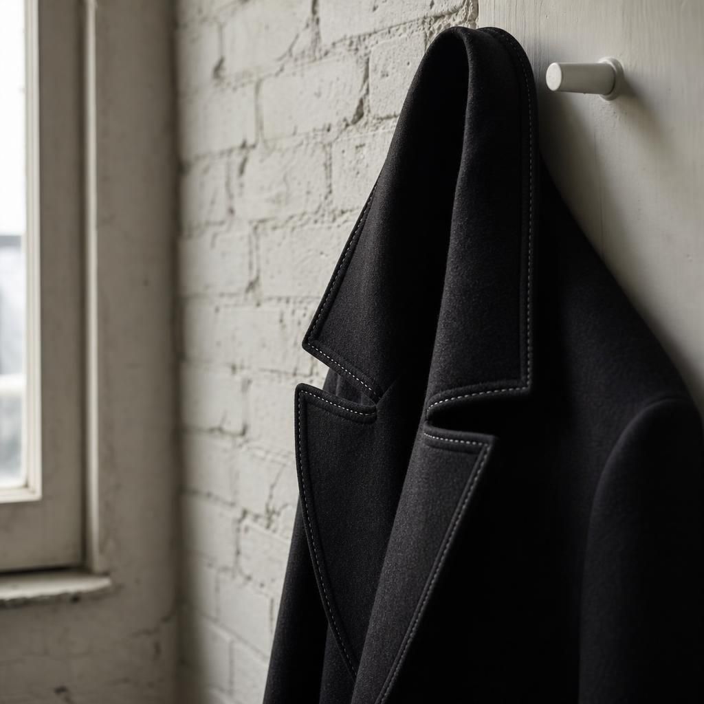 Black wool coat hanging in a London atelier wall hook