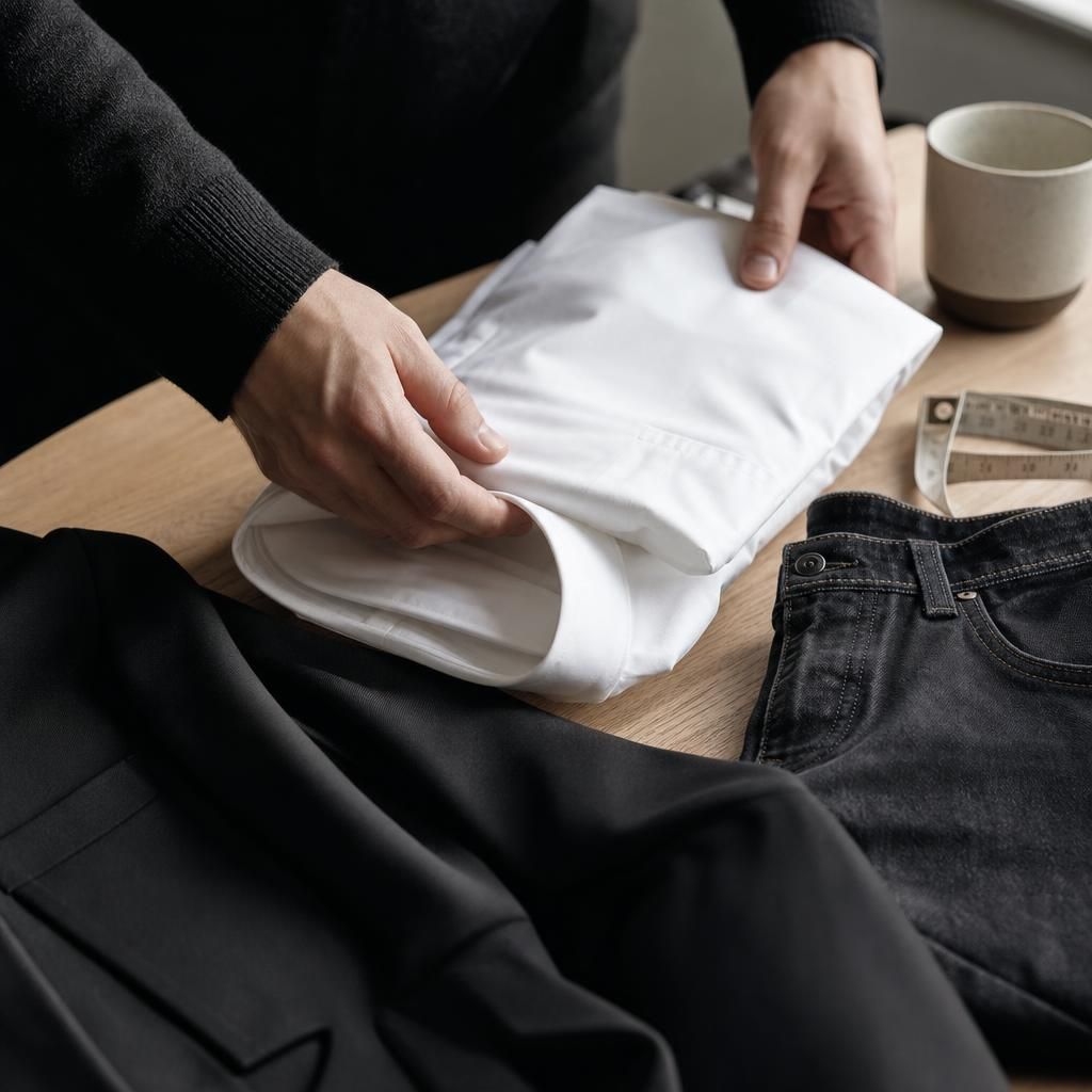 Hands folding oversized shirt with jeans and jacket