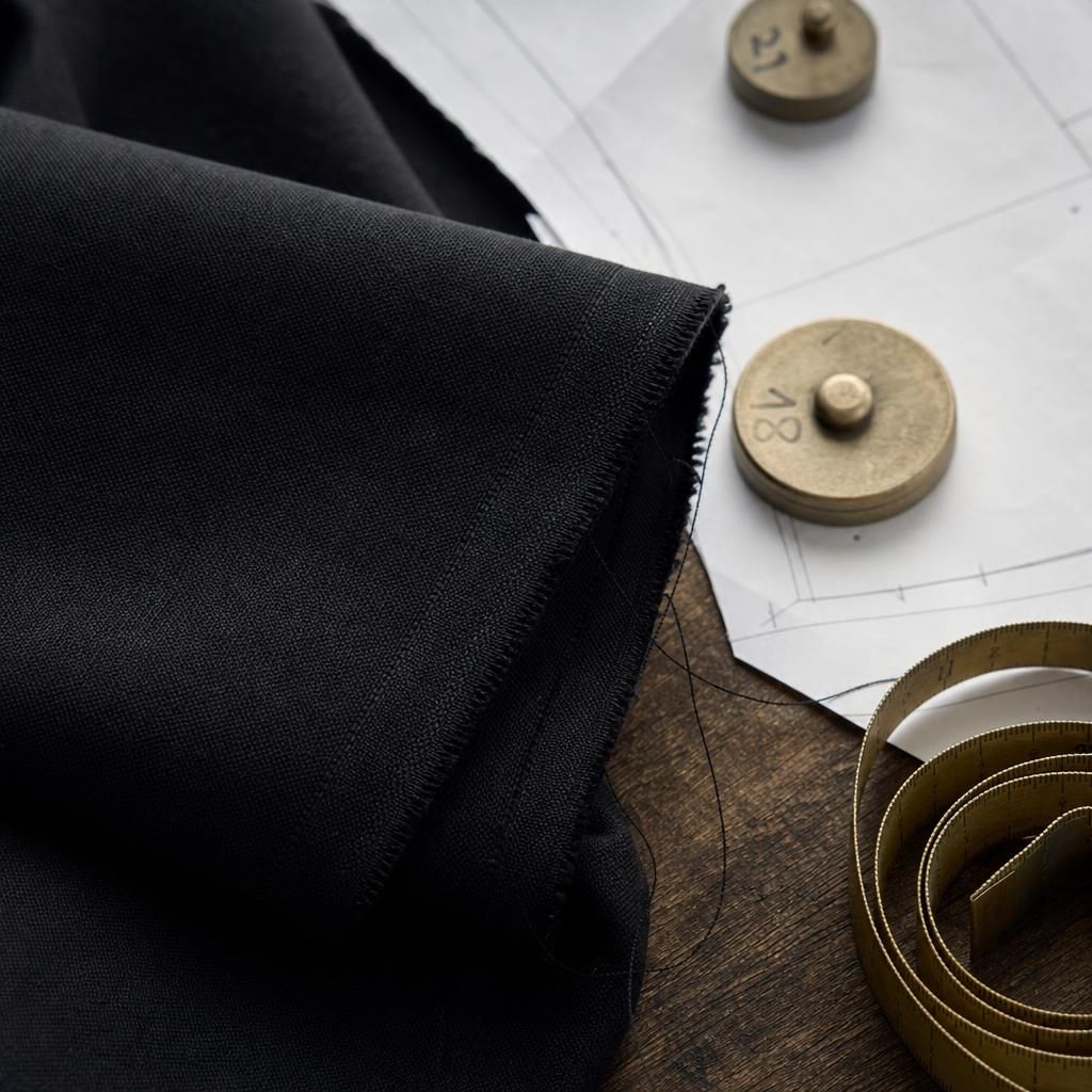 Black fabric and pattern pieces on a cutting table