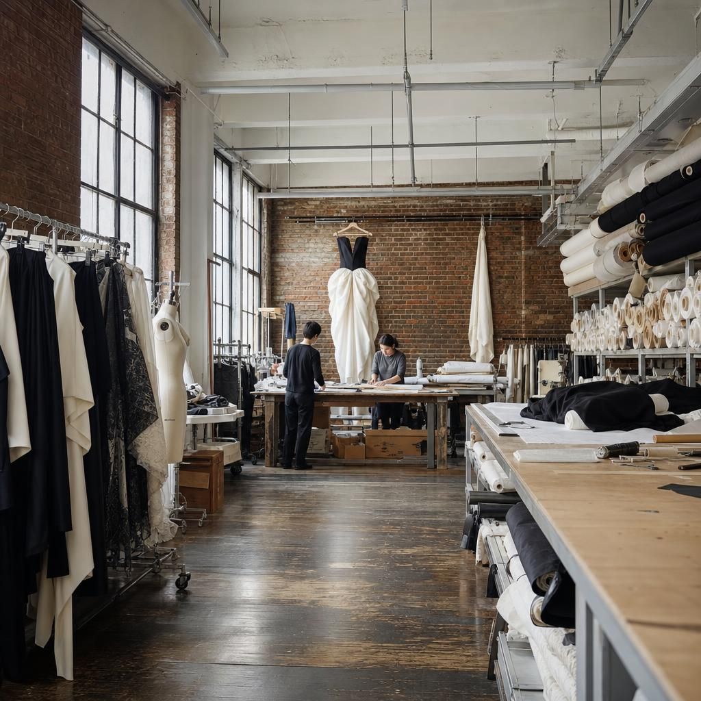 London dress workshop with statement dress on a rail