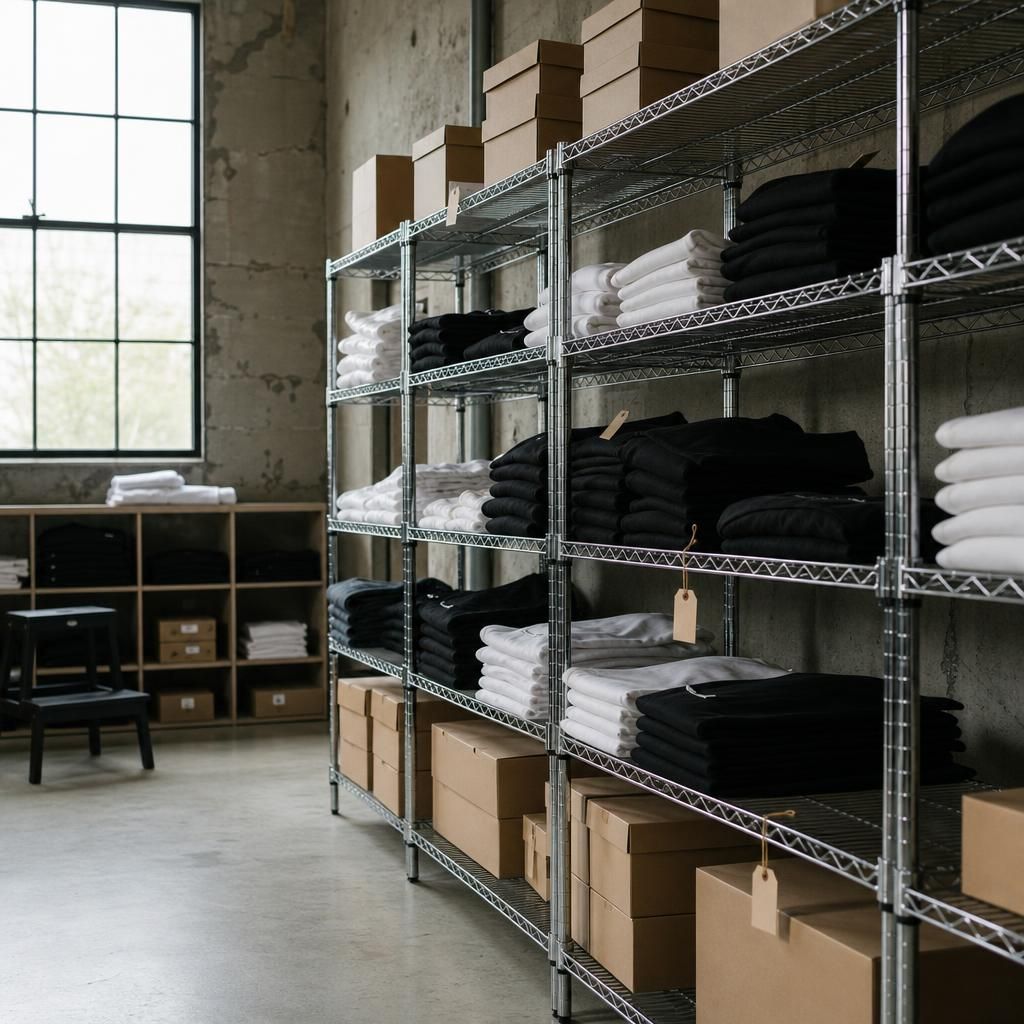 Empty stockroom with folded black and white clothing and tags.