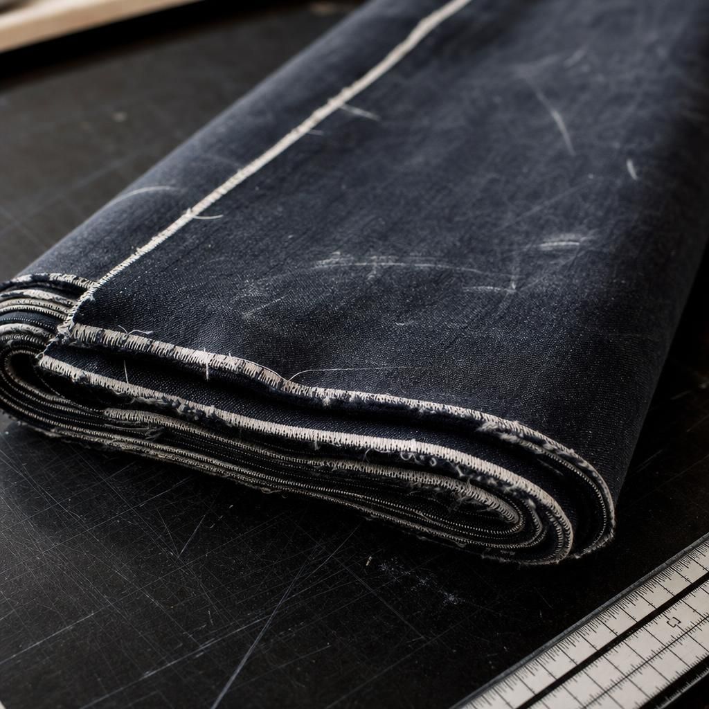 Folded deadstock denim bolt on a cutting table