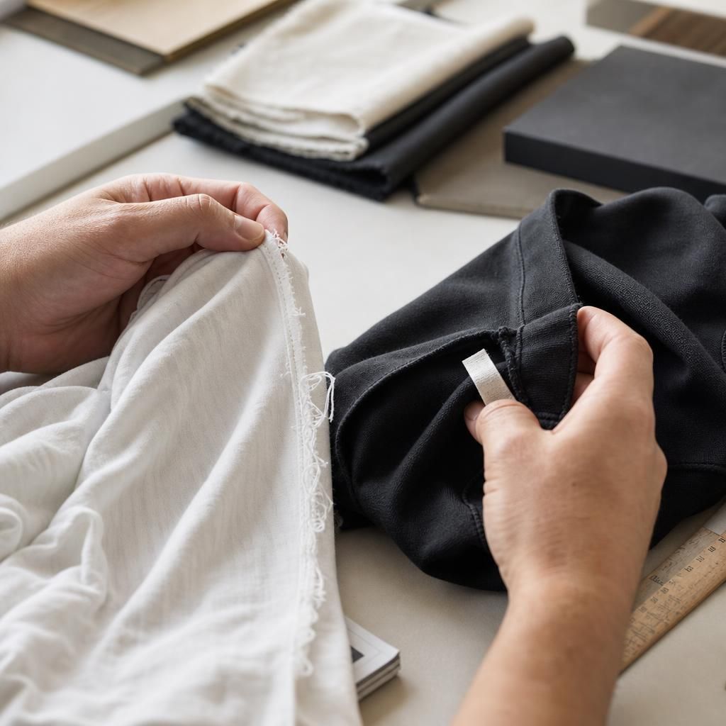 Hands comparing a flimsy shirt and durable black shirt