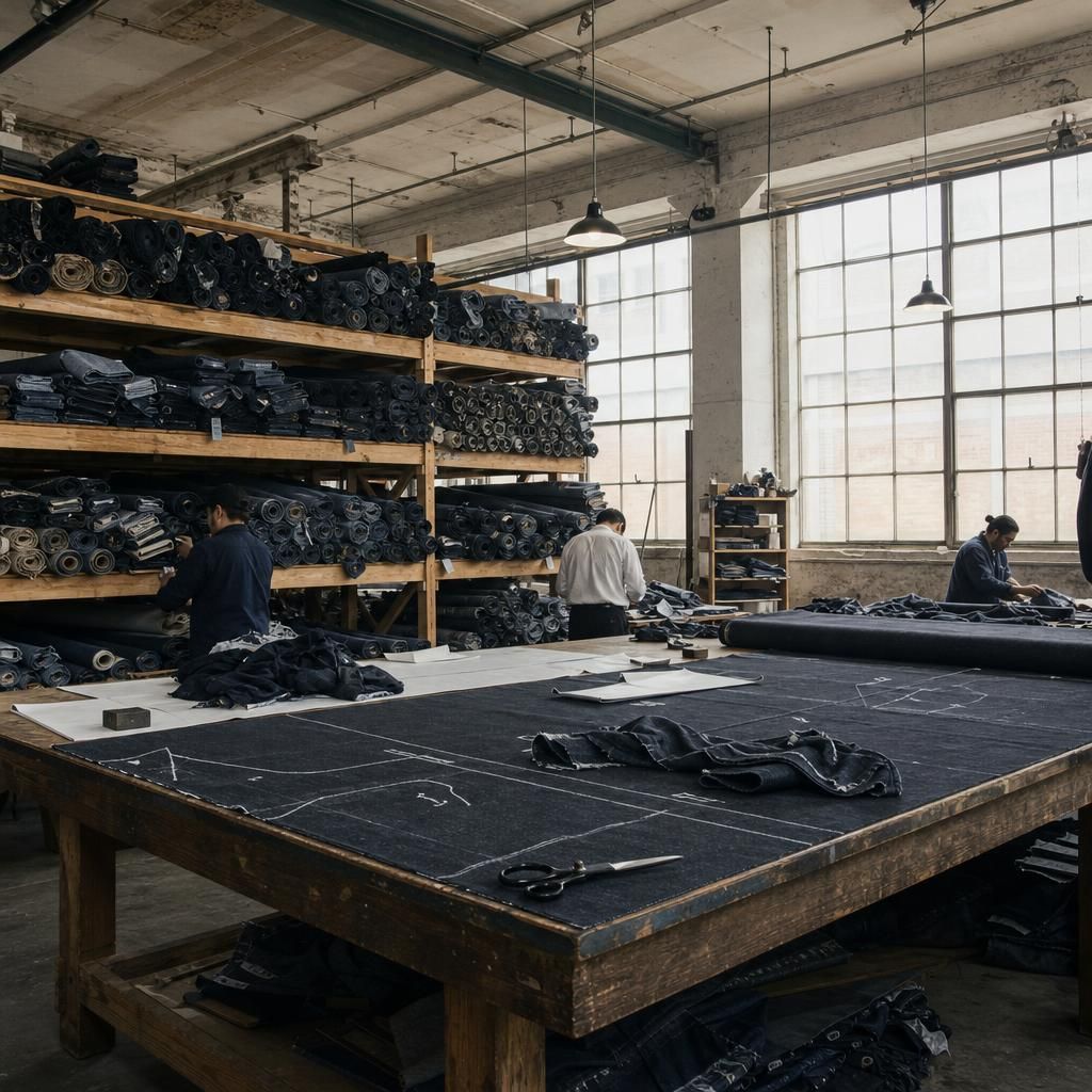 Wide denim workshop with stacked deadstock fabric bolts
